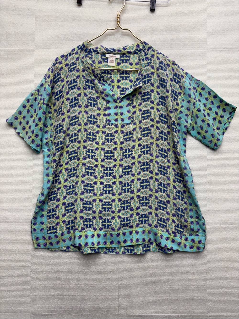 Sundance medium silk Green Blue Patterned Short-Sleeve Shirt